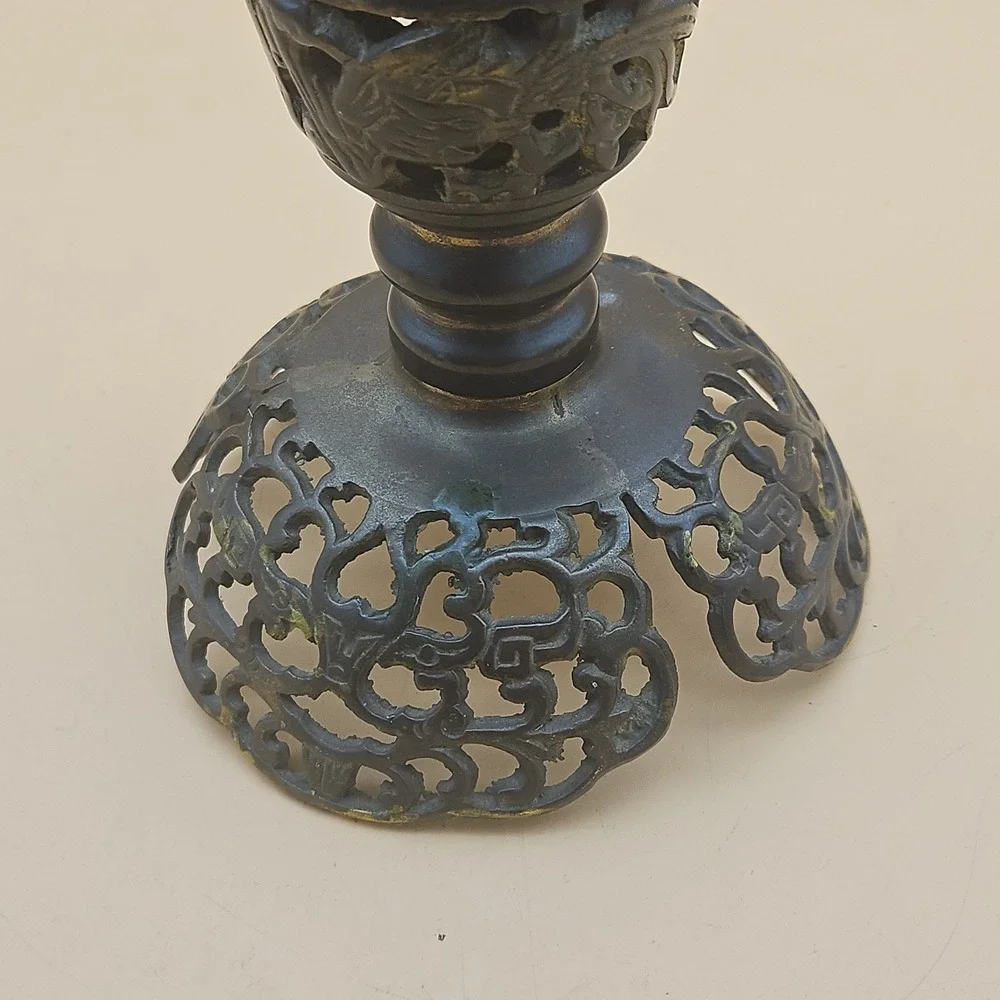 Vintage Chinese Asian Pricket Candle Holder Brass Metal Open Lattice Designs